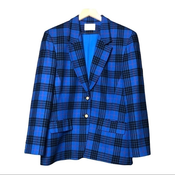 VINTAGE 80s PENDLETON Cobalt Tartan Plaid Wool Loose Fit USA Blazer Jacket M/L - Picture 1 of 5